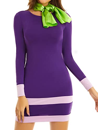 MSBASIC Halloween Costume Women Adult Purple Mini Dress Classic Cosplay Outfits With Scarf