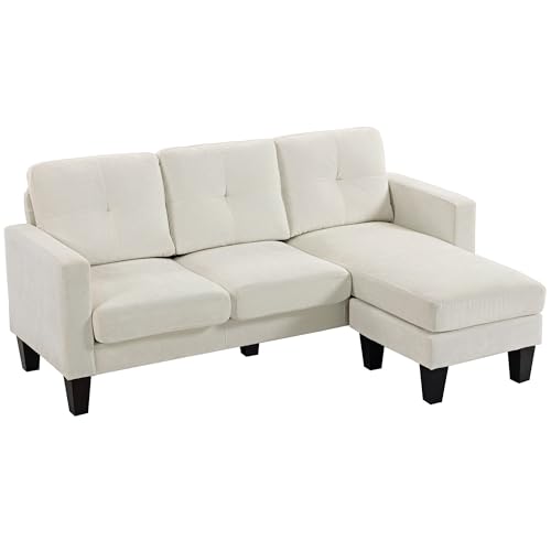 HOMCOM Sofá Chaise Longue Reversible, Sofá de 3 Plazas en Forma de L, Tapizado en Chenilla, Asiento y Respaldo Acolchados, Estructura de Acero, 186x130x84 cm, Crema