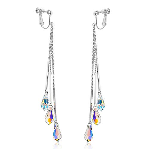 Clip on Earrings Platinum-Plated Color Change Multi-Teardrop Earrings Dangle Made with Austrian Crystals