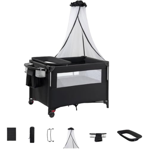 Yubbuio ベビーベッド 折りたたみ 多機能 添い寝 高さ調整可能 プレイヤード キャスター付き 出産祝 軽量 セット 蚊帳 ロッカーロッド 収納ポケット チェンジングテーブル