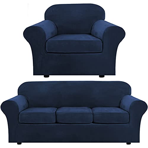 H.VERSAILTEX Velvet Plush Armchair Cover Bundles Sofa Cover for 3 Cushion Couch, Furniture Protector, Ultra Soft, Removable and Washable, Navy