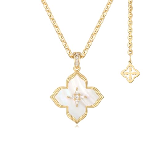 MYEARS Women Gold Necklace Clover Pendant Gemstone White Mother of Pearl Cubic Zirconia 14K Simple Dainty Chain Everyday Trendy Lucky Flower Jewelry