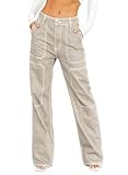 Dokotoo Women's Casual High Waisted Cargo Jeans Wide Leg Denim Pants Apricot Size 4