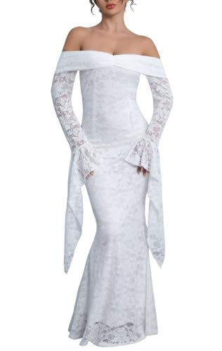 Women Off The Shoulder Floral Lace Maxi Wedding Dress White Long Bell Sleeve Mermaid Gown for Formal Party Evening Banquet