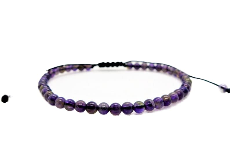 Bracelet perles améthyste violette 4mm lisse et fil tressé réglable haute résistance