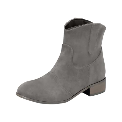 Botines de vaquero para mujer, botines anchos de tacón cuadrado, botas de vaquera occidental, botas cortas de color sólido, botas de punta puntiaguda, botas de estilo rústico, tacón grueso, gris, 41