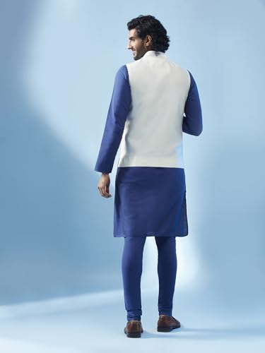 Image of KISAH Men's Kurta Jacket Churidar Set, Sea Green Art Silk, Embroidered Long Sleeves Regular Fit Mandarin Collar
