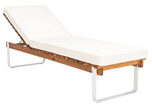 Safavieh Outdoor Collection Nuca Natural Brown Solid Wood/White Legs/White Cushion Chaise Lounge Chair (Pat7084A) #TOP21