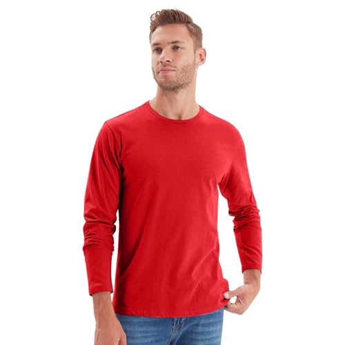 NetSetUK Mens Valueweight Long Sleeve T-Shirt Crew Neck 100% Cotton T Shirts Men Casual Pullover Long Sleeve Tee for Workwear or Sports Activities Red