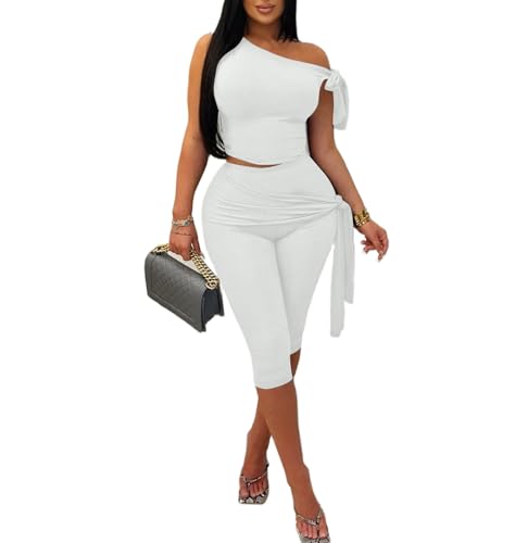 Vssjavun Women's 2 Piece Outfits Sexy Sleeveless One Shoulder Crop Tops Bodycon Capri Pants Sets Party Clubwear White M