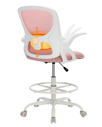 Image of LukkDys Drafting Chair with 4D Multi-Adjustable Backrest, Tall Office Chair 19.7 inch-27.6 inch Seat Height, Ergonomic Standing Desk Chair with Flip-up Arms, Foot Ring, Pink&White