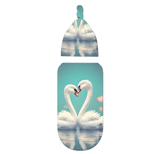 The swan in Love Print Newborn Swaddle Blanket with Beanie Set, Soft Baby Sleep Sack Receiving Wraps, for Boy Girl
