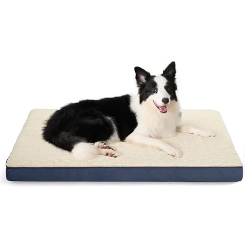 低反発犬用ベッドマットレス、ソフトペットクレートマット取り外し可能、洗えるクッションマットレス、ジッパーと滑り止め付き、ペット・マッサージ・クッション 中型大型犬用 滑り止めと防湿犬小屋 (M,ホワイト+ブルー)