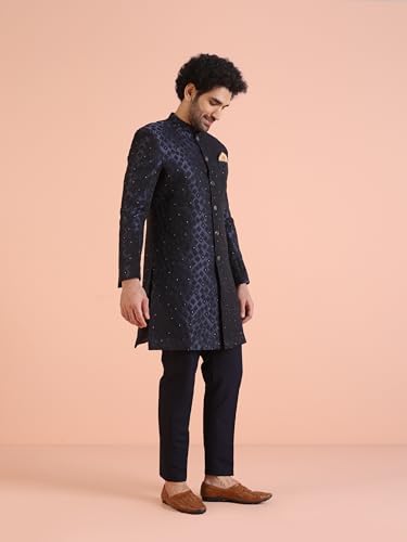 Kisah Men's Sherwani Trouser Set, Indo-Western Blue Jacquard, Woven Design Regular Fit Mandarin Collar Long Sleeves (38)