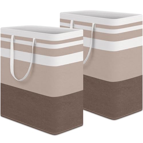HomeHacks 2-Pack Large Laundry Basket, Waterproof, Freestanding Laundry Hamper, Collapsible Tall Clothes Hamper with Extended Handles for Clothes Toys in the Dorm and Family (Brown, 100L)