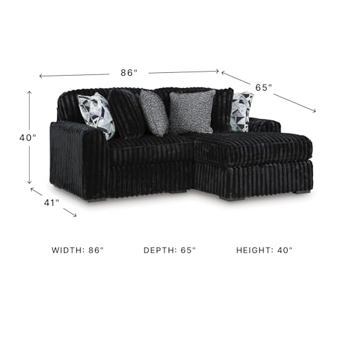 Image of Signature Design by Ashley 2-Piece L-Shaped Sectional Couch, Black | 100% polyester jumbo corduroy, Right-arm facing chaise, Living room use, 6 accent pillows included, Midnight-Madness Series
