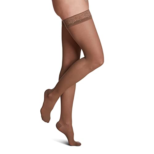 SIGVARIS Women’s Style Sheer 780 Closed Toe Thigh-Highs w/Grip Top 15-20mmHg - Honey - Medium Long