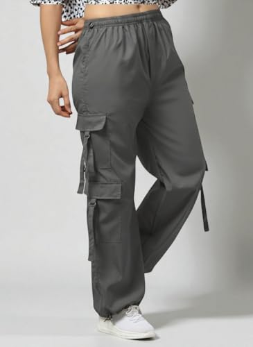 Image of SQew Women's High Waist Baggy Cargo Pants | Loose Fit Parachute Utility Trousers with Multiple Pockets | Casual Streetwear Pants