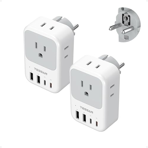 TESSAN Type F Plug Adapter 2 Pack PD 20W South Korea Outlet Adapter with 4 AC Outlets 4 USB Ports (2 USB C) Type E Power Adaptor for US to Europe Spain Germany France Iceland Greece Russia Norway