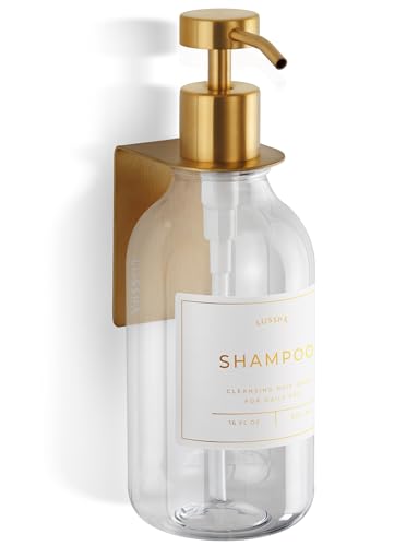 Shower Shampoo Dispenser Wall Mounted – Refillable 16.9 oz Clear Bottle with Stainless Steel Pump & No-Drill Adhesive Holder – Soap Dispenser for Bathroom (1 X Clear/Gold) - image 1