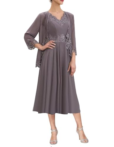 2 Piece Mother of The Bride Dresses with Jacket Tea Length Grandmother Formal Dresses for Wedding Guest4
