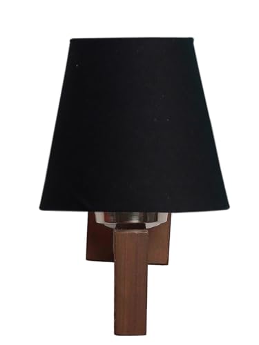 Image of Wall Lamp with Wooden Base (H- 10.9 Inch, Black) Modern Wall Sconce for Bedroom /Living Room, Study Room, Home Office Decor | Decorative Indoor Lighting, Warm Ambient Night Lamp | Flared Shape