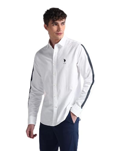Image of U.S. POLO ASSN. Mens White Solid Collared Neck Long Sleeve Men's Casual Shirts