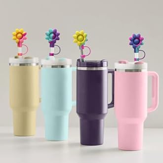 SEMATA 4Pcs Flower Straw Covers Toppers Silicone of Stanley Accessories for Stanley Cups 30&40 Oz Tumbler with Handle Reusable Colorful Straw Caps Tips for Stanley 0.4in Straws Dust-Proof Straw Lids