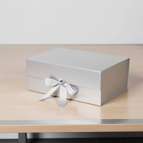 Image of Awestuffs Premium Silver Gift Boxes for Gift Packaging, Reusable Decorative Gift Boxes (23 x 16 x 10 cm) for Hampers, Weddings, Birthdays, Festivals & Corporate Gifts (Pack of 1)