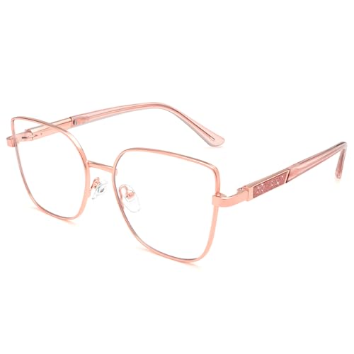 Image of Dollger Pink Oversized Square Blue Light Blocking Glasses for Women Trendy Oversized Computer Gaming Eyeglasses Cat Eye Metal Frame bluelight glasses Rose Gold