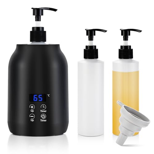 Calentador de aceite de masaje con dos botellas de aceite de masaje de 245 ml y embudo, calentador de botella de loción profesional con botón táctil, dispensador de loción inteligente con botón táctil
