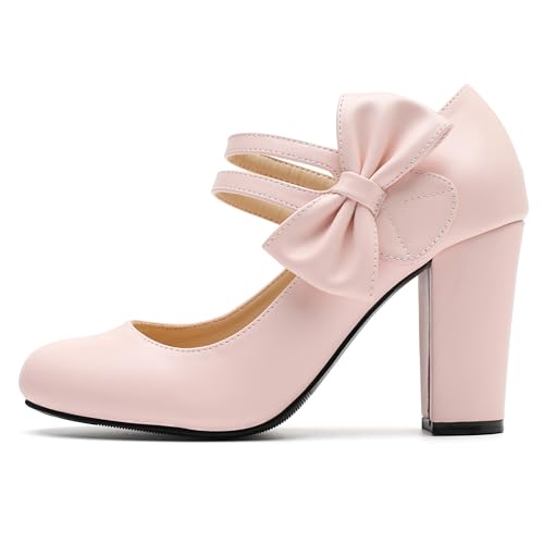 Womens Bow Heels Mary Jane Shoes Round Toe Chunky High Heel Side Bow Dress Pumps4