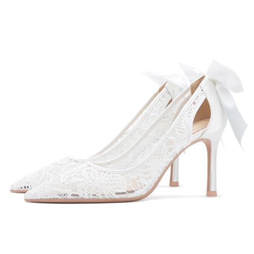 Women's Pointed Mesh Lace Stilettos Sexy Pumps with Bows Elegant Slip-On Kitten Heels Closed Toe Hollow Wedding Dress High Heels Suitable for Work Parties