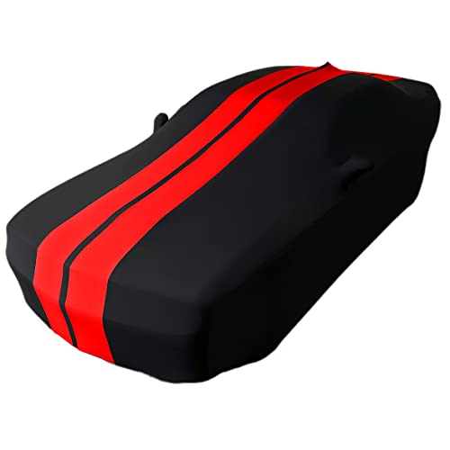 Image of SR1 Performance USA Indoor Car Cover for Dodge Challenger 2008-2023 - Ultraguard Stretch Satin Custom Fit, Dust Cover, Breathable Scratch-Resistant Sport Series Stripe (Black /Red)