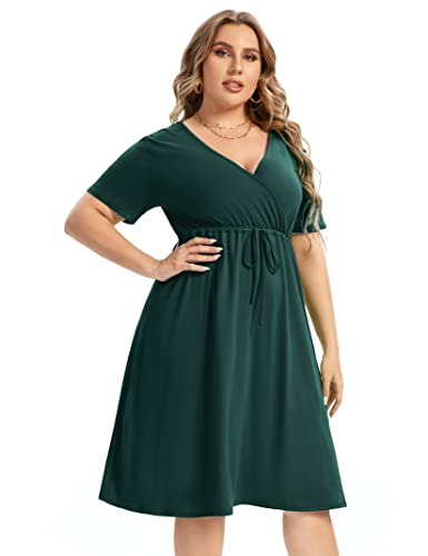 Image of Plus Size Dress Women's V Neck A-Line Knee Length Wrap Mini Dress with Belt Plus Size Dresses for Curvy Womengreen-cs 5X-Large