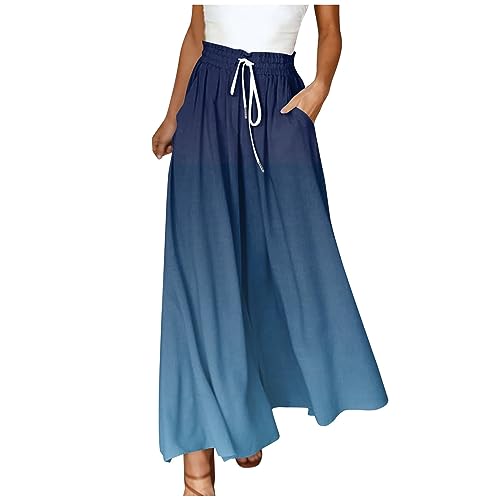 Women's Bohemian Gradient Color Elastic Casual High Waisted Wide Leg Dressy Loose Fit Pants with Pockets