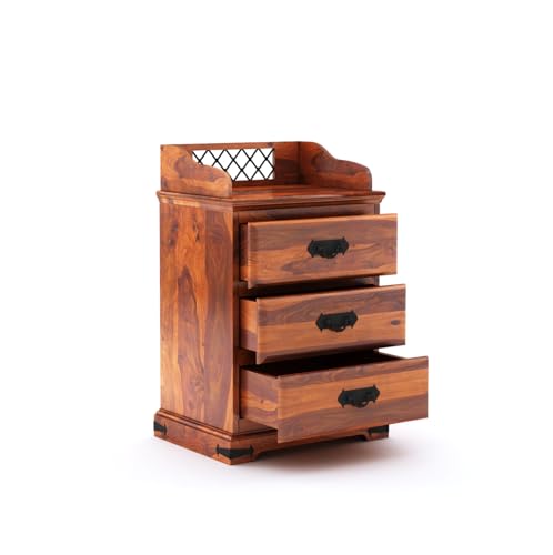 Image of Solid Sheesham Wood Bedside Table with 3 Drawer Storage End Table Sofa Side Table for Living Room Home and Office (Honey Finish)