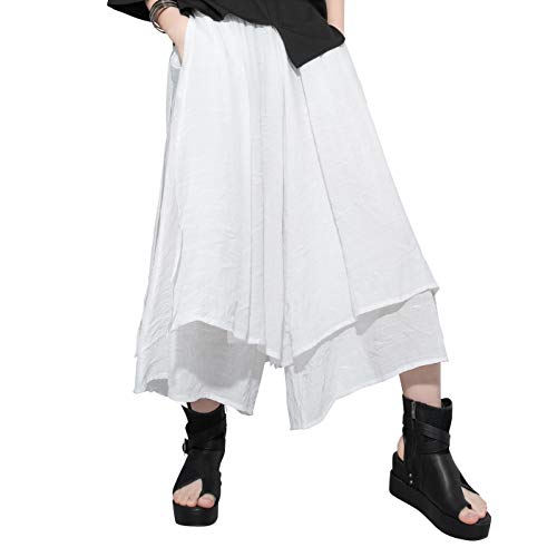 ellazhu Women's Loose Fit Wide Leg Pants with Side Pockets for Casual Lounge Wear Culottes Style GY2416 White L