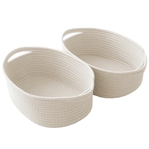 Image of JMvicyroam Woven Basket,Small Rope Storage Bin with Handles & Ribbon Bag, Organizer for Shelves Closets,Gift Basket Empty for Birthday,Books,Dog Toys,White/2 Pack