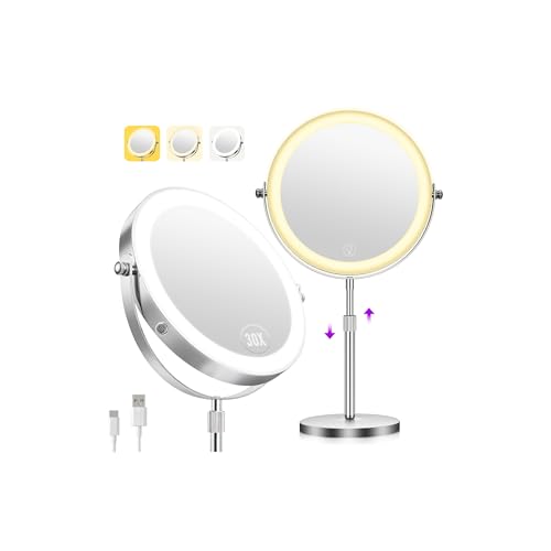 Zlroluyn 1X/30X Makeup Mirror with Lights, Brightness Adjustable with 3 Colors, Double Sided Magnifying Mirror with 360° Rotation, Lighted Makeup Mirror with Magnification, Ideal Gift for Women