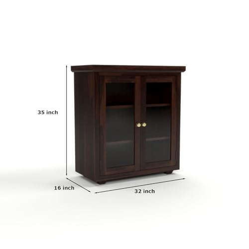 Image of Solid Sheesham Wood Sideboard Cabinet for Living Room | Wooden Storage Cabinet with 2 Acrylic Glass Doors & Shelves | Modern Display Sideboard for Home (Walnut Finish)