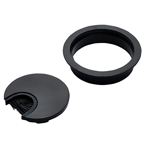 Matte Black Metal Cable Grommet | 2 Piece "Lock in" Feature with "Brush" Opening for Management of Office & Computer Desk Wires | 60mm (2 3/8") Hole Opening | 1 Pack