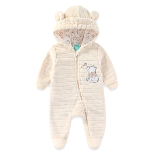 Image of Disney Winnie the Pooh Mickey Mouse Baby Boys Hooded Embossed Faux Fur Pram Coverall Footies with Ears for Newborn and Infant