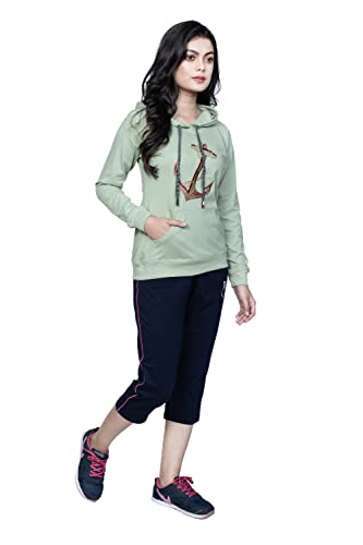 Image of Women's Embroidered /Printed Cotton Hooded Full Sleeve Grey Top and Black Capri Set (Medium)