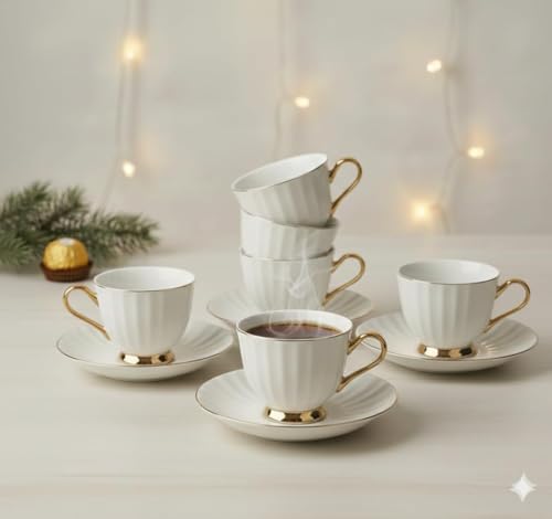 Image of Tea Cups and Saucers Set of 6 (180 Ml), Porcelain White Tea Cup Set with Golden Trim, Dishwasher Safe for Tea Milk & Coffee Chai, Teacup Set Gift Packs