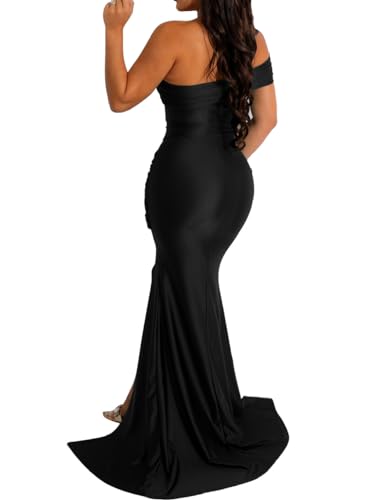 Image of Black Elegant Long Dress Split Formal for Women Off Shoulder, Women's Elegant Off The Shoulder Bodycon Evening Party Maxi Long Dress (Black, S), Small