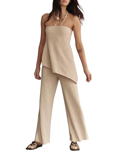 Image of Women Summer Knit Sweater Sets Sexy Tube Top and Loose Pant Lounge Matching Set 2025 2 Piece Outfits Khaki
