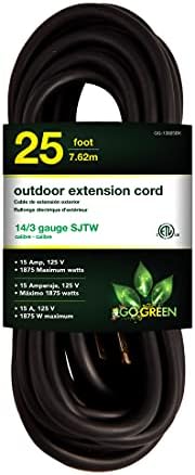 GoGreen Power GG-13825BK - 14/3 25 ft' SJTW Outdoor Extension Cord - Black
