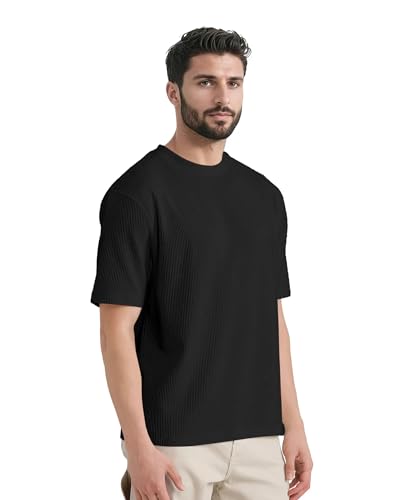 Image of GRECIILOOKS Men's Polycotton Textured Drop Shoulder Oversized Fit T-Shirt