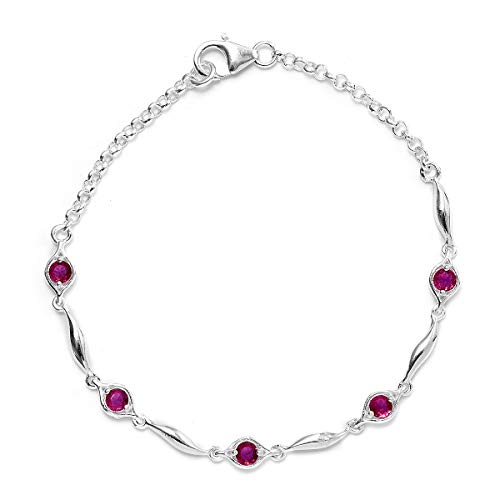 925 Sterling Silver Round Ruby Cubic Zirconia CZ Station Link Bracelet for Women 7.25